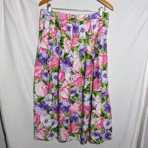 Vntg '80s NWT Austin Hill Cotton Floral Full Skirt -‎ Pink, Purple, Green Sz 16